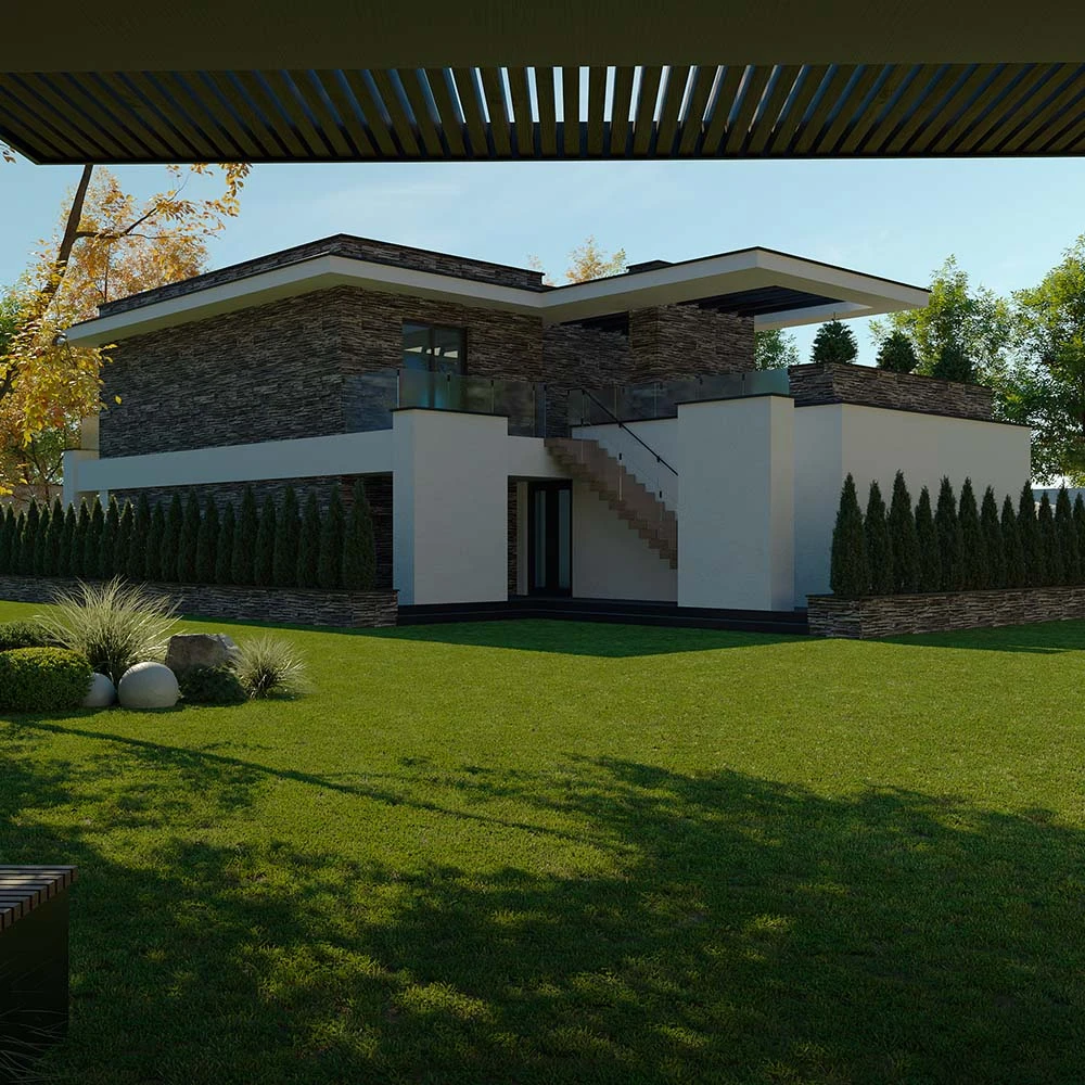 Moderne Luxus-Außenvilla 3D-Szene (6)