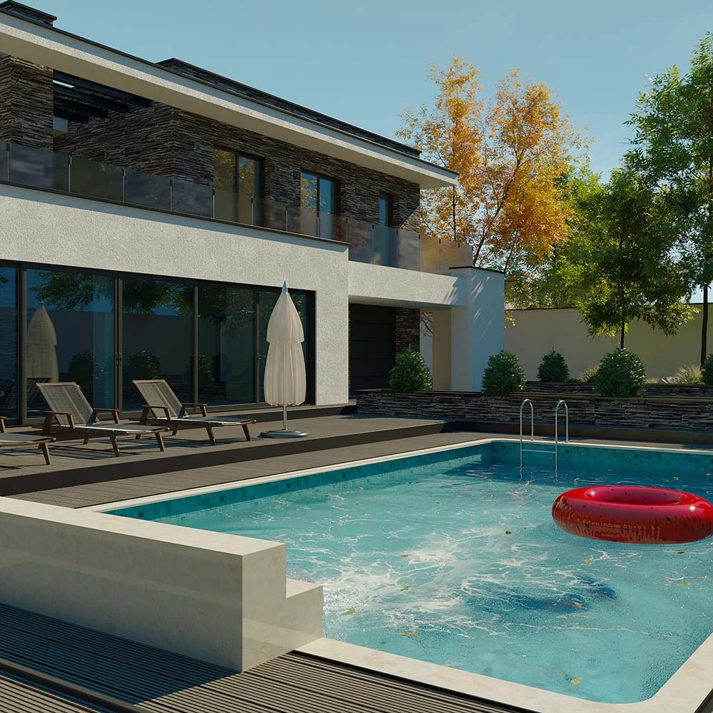 Moderne Luxus-Außenvilla 3D-Szene (7)